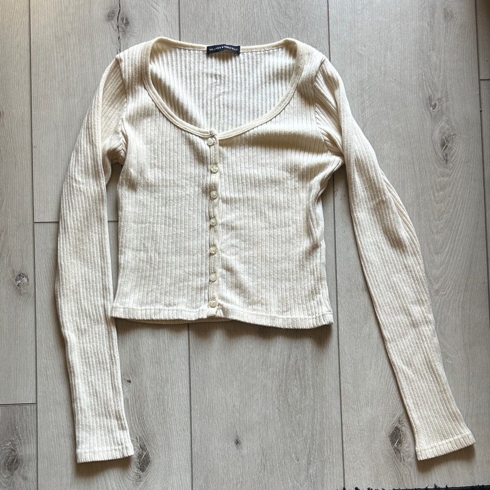 Cream Ribbed Button-Up Cardigan by Brandy Melville / one size fits most